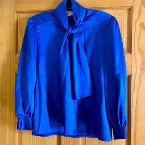 Oscar de la Renta Sz 10 Royal Blue “Satin” Long Sleeve Scarf Collar Blouse